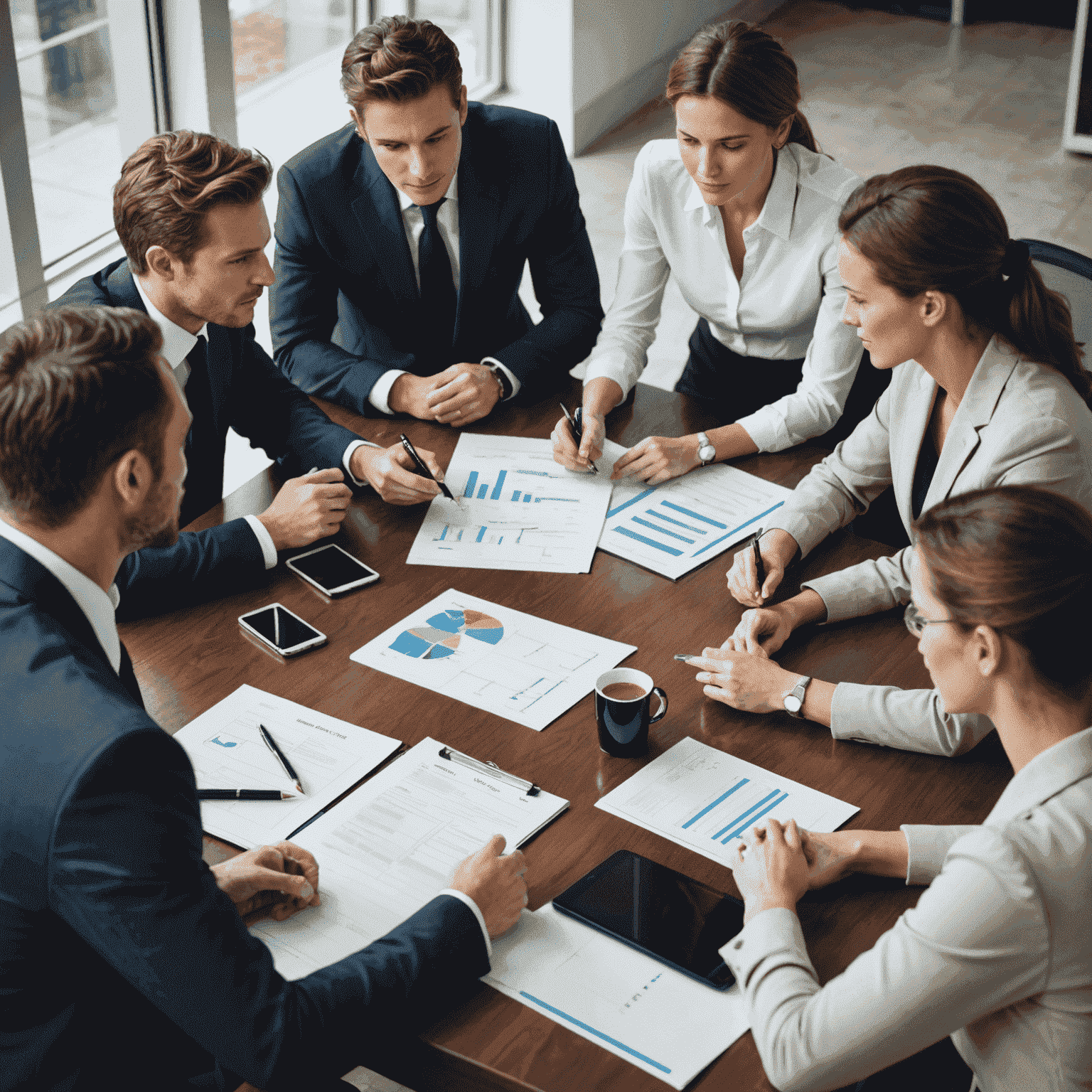 A group of professionals in a business meeting, discussing strategies and plans