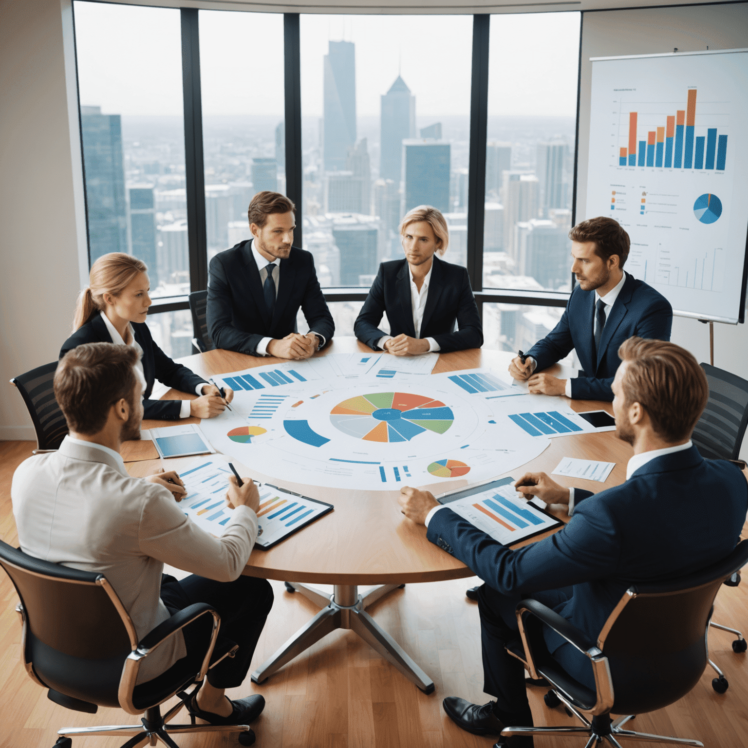 A group of business professionals discussing a strategic plan around a conference table, with charts and graphs displayed on a screen in the background.