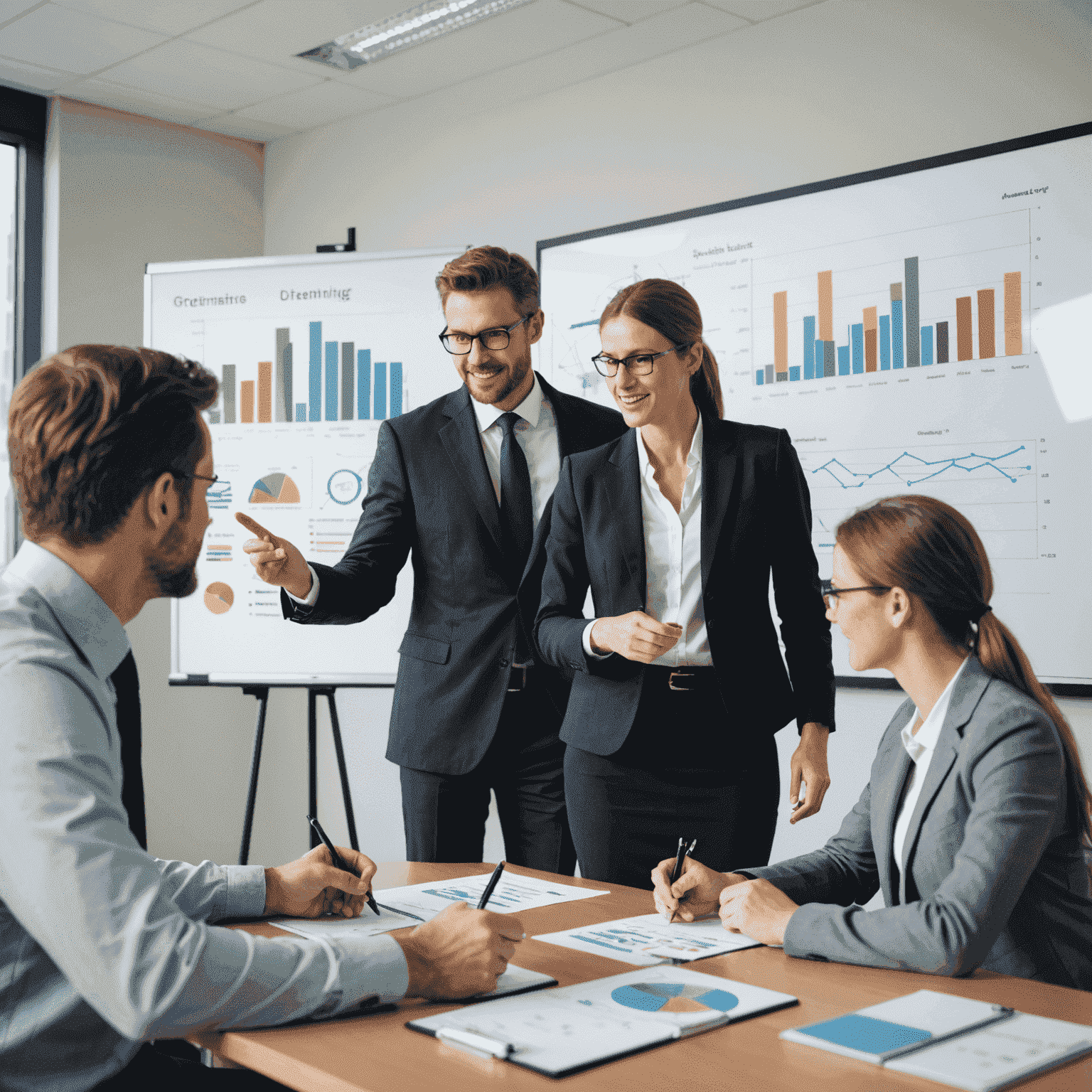 Business team discussing strategic planning in a conference room with charts and graphs on a whiteboard