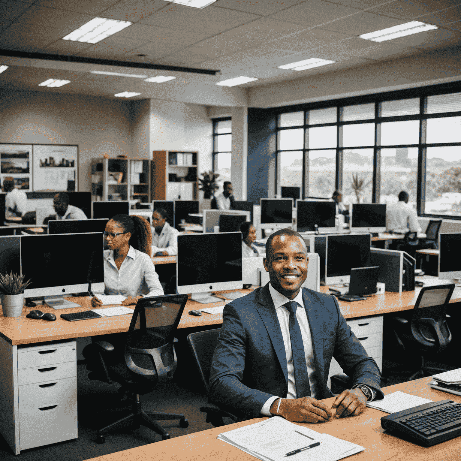 A photo showcasing a thriving South African business, with employees working together in a modern office setting