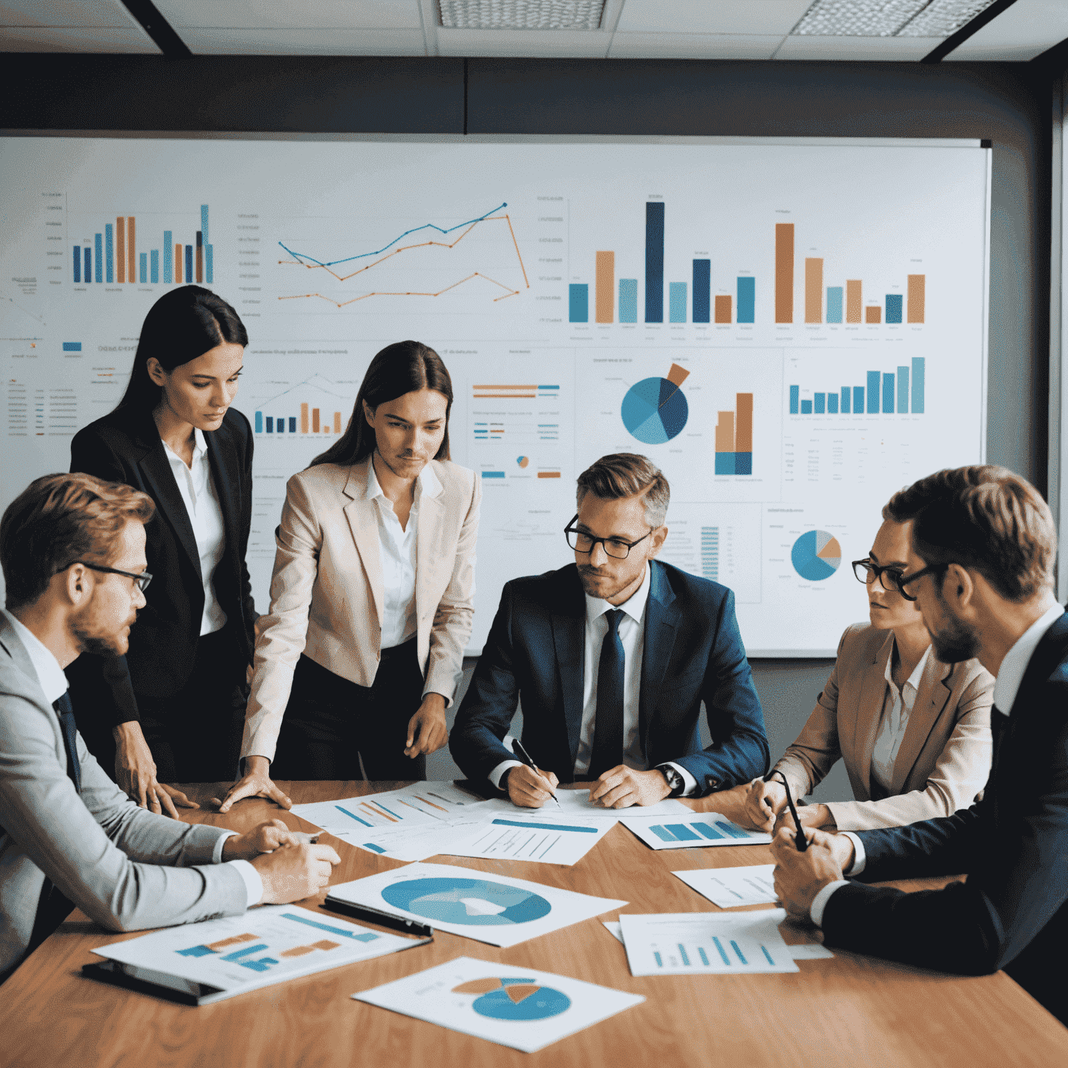 A group of business professionals discussing a strategic plan around a conference table, with charts and graphs displayed on a screen behind them.