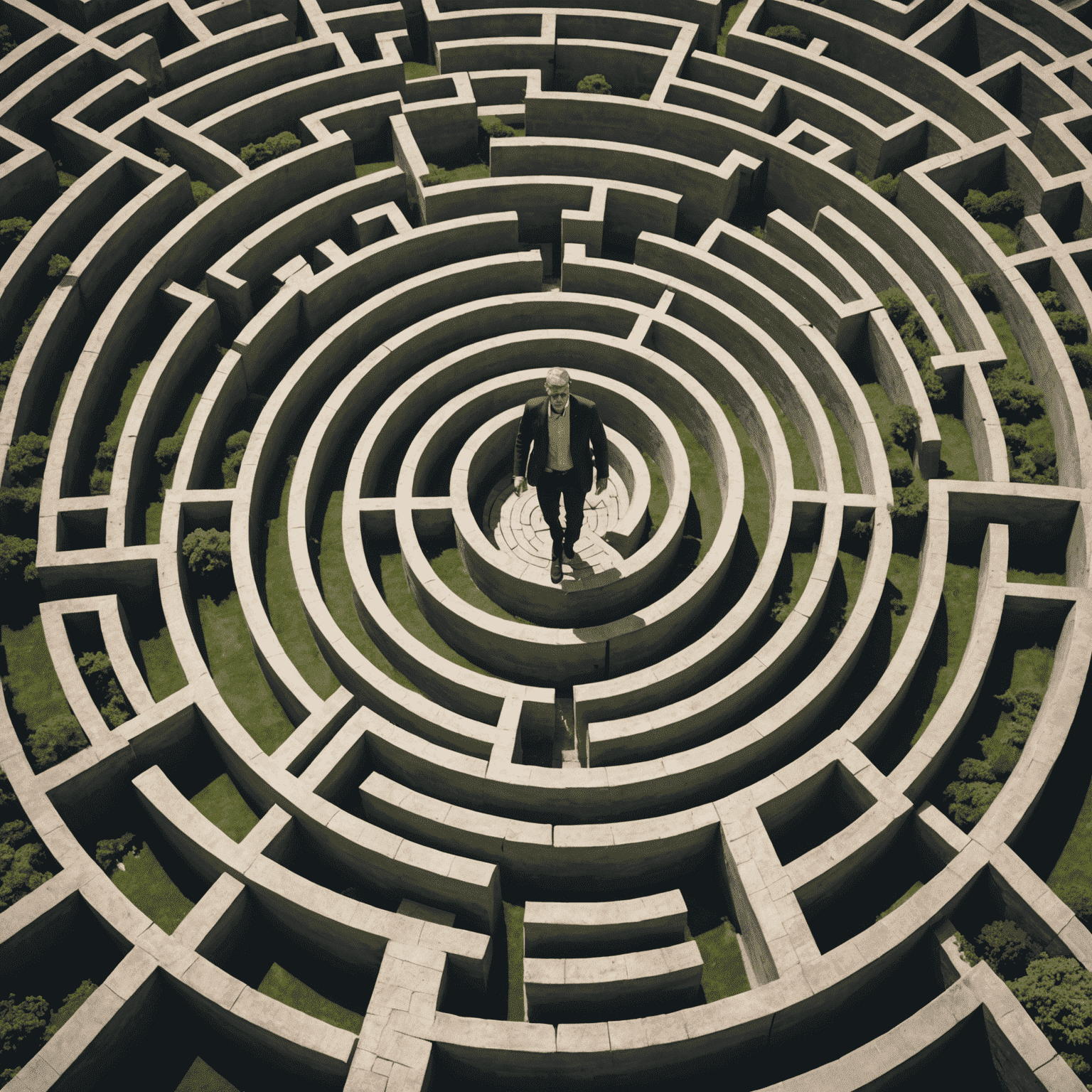 A businessman navigating through a maze, symbolizing the challenges of doing business in South Africa, with obstacles such as regulatory hurdles, economic factors, and cultural considerations.