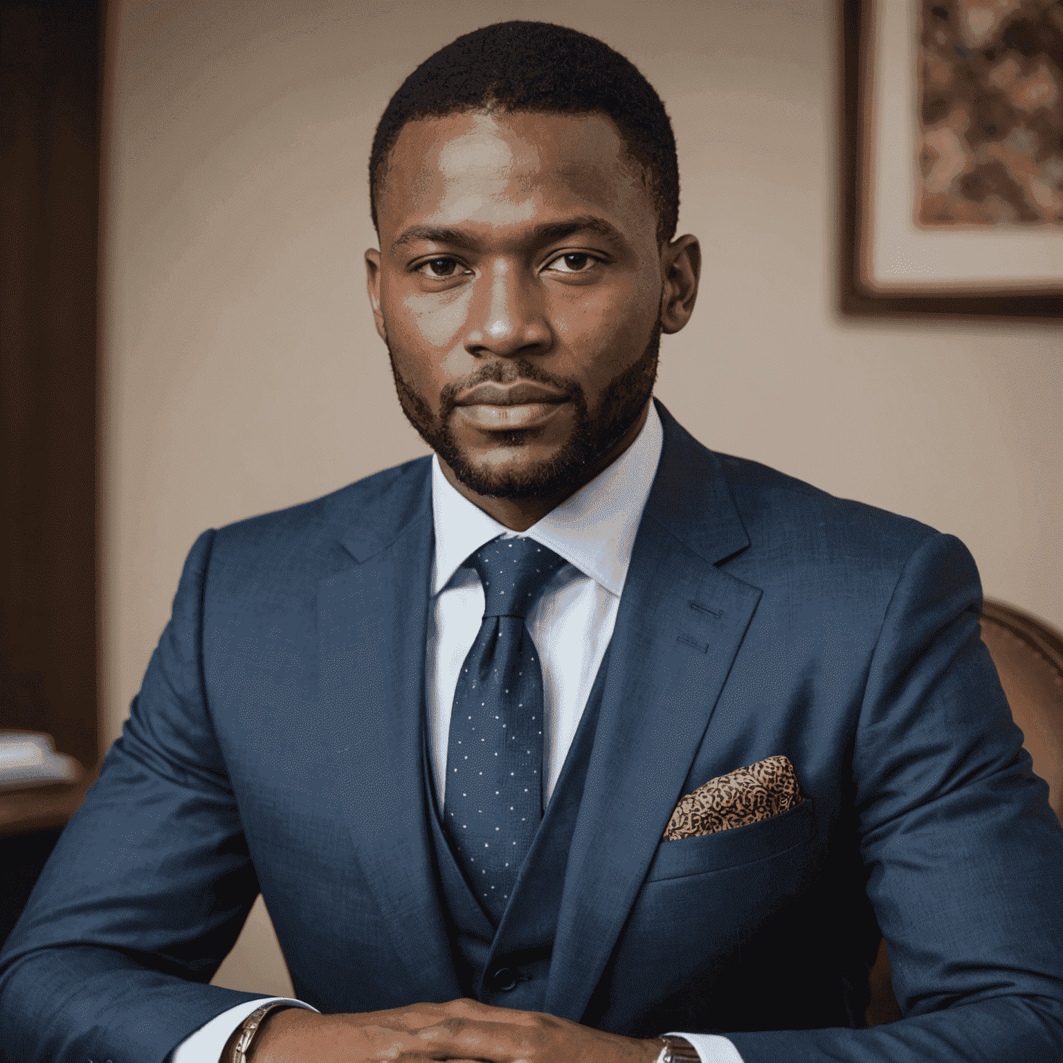 Portrait of a financial advisor at StrategyAfrica, a man in his 30s wearing a suit and tie, with a serious and knowledgeable expression