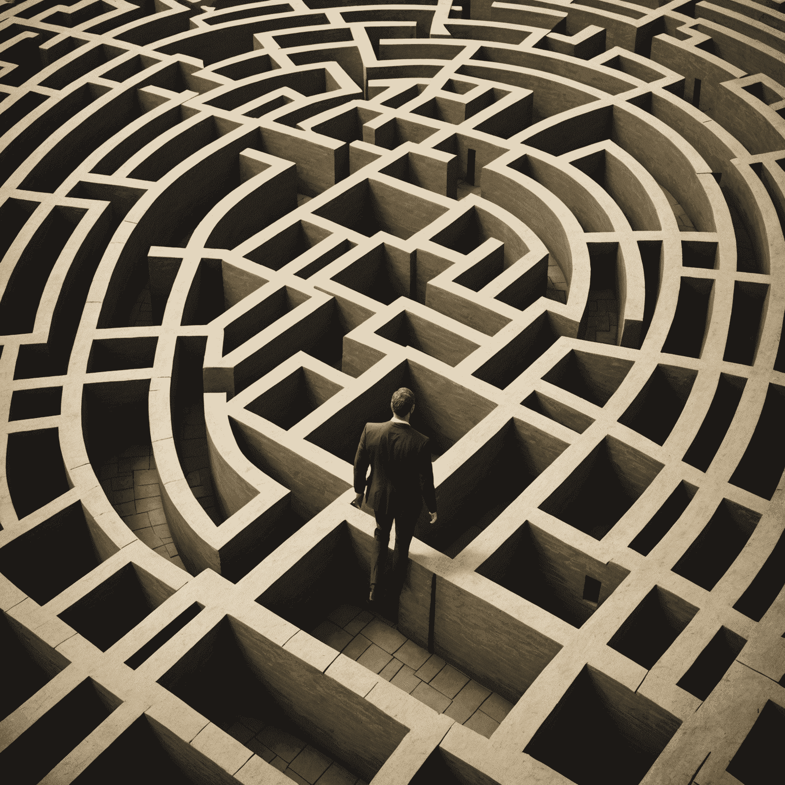 A businessman navigating through a maze, symbolizing the challenges of doing business in South Africa, with obstacles such as regulatory hurdles and economic factors represented by walls and barriers.