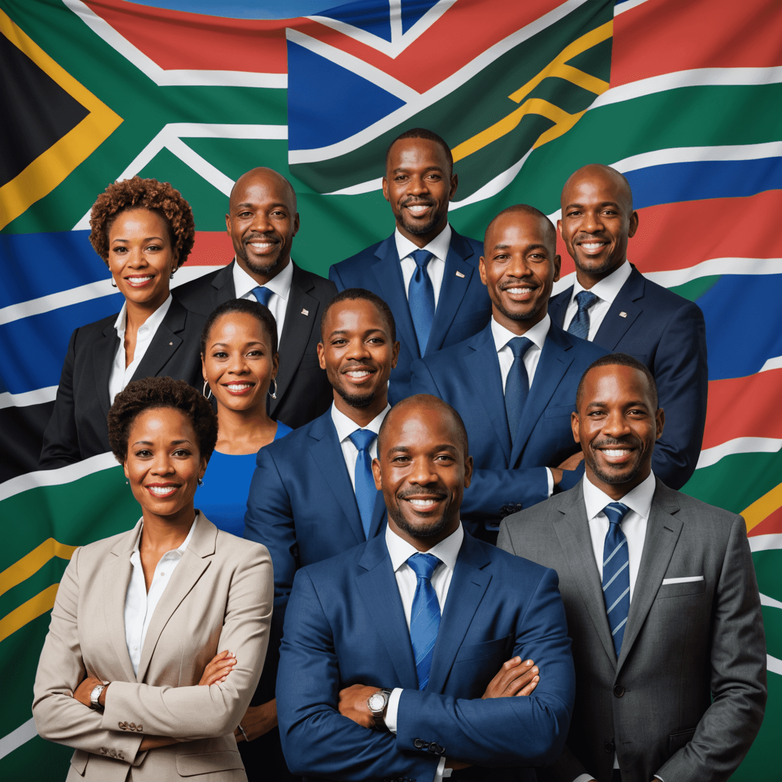 A montage of successful South African business owners from various industries, showcasing their products, services, and achievements, with a backdrop of the South African flag.